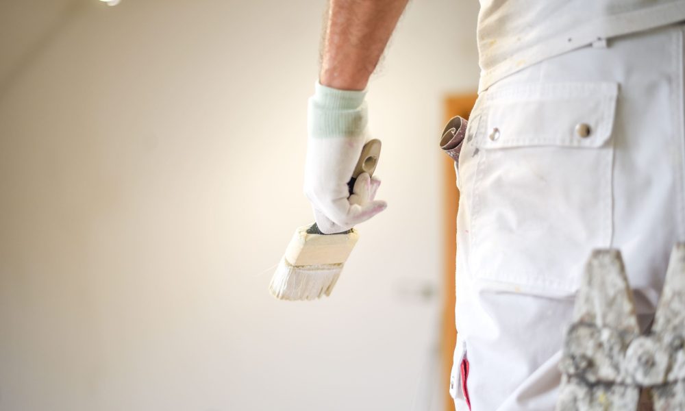 Pintor con brocha y ropa de trabajo blanca